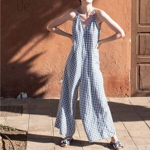 SOLD Not perfect linen Blue and White Gingham Jumpsuit